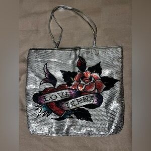Vintage Ed Hardy Tote. Eternal Love with silver sequins and floral design
